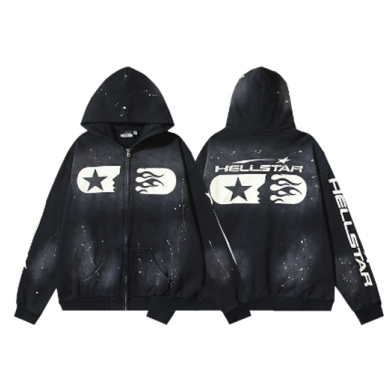 Hellstar Ink Splatter Washed Distressed Terry Cloth Hooded Sweatshirt Jacket